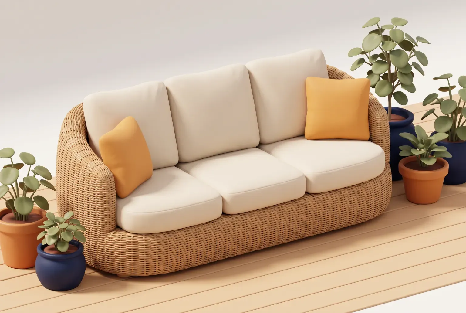 Illustration: a three-seat wicker outdoor sofa with plain cream cushions on a sunny wooden patio among potted plants, drawn as a soft 3D render. Not a real product.