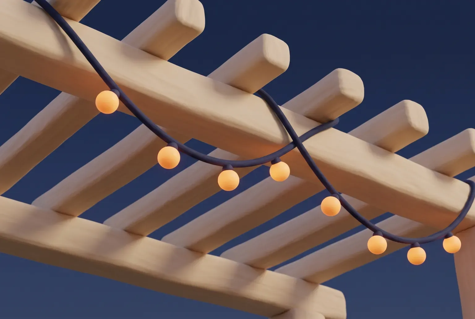 Illustration: a single strand of warm glowing round bulbs on a dark cord draped across a wooden pergola against a deep blue dusk sky, drawn as a soft 3D render. Not a real product.