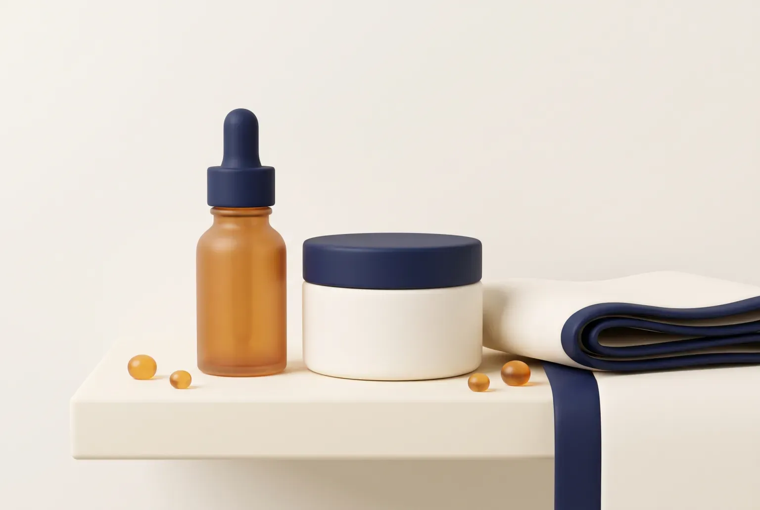 Illustration: a small amber glass dropper bottle and a round cream jar with navy lids on a cream shelf beside a folded towel, drawn as a soft 3D render. Not a real product.