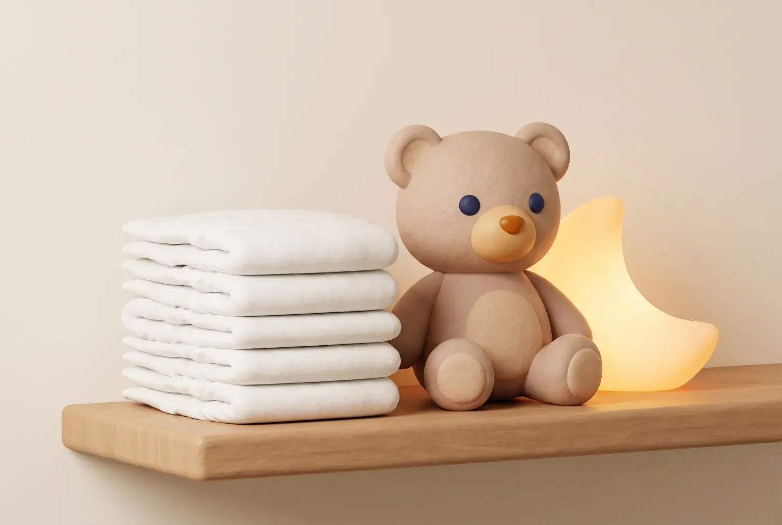 Illustration: a neat stack of plain folded white diapers on a wooden nursery shelf beside a plush teddy bear and a softly glowing crescent night light, drawn as a soft 3D render. Not a real product.