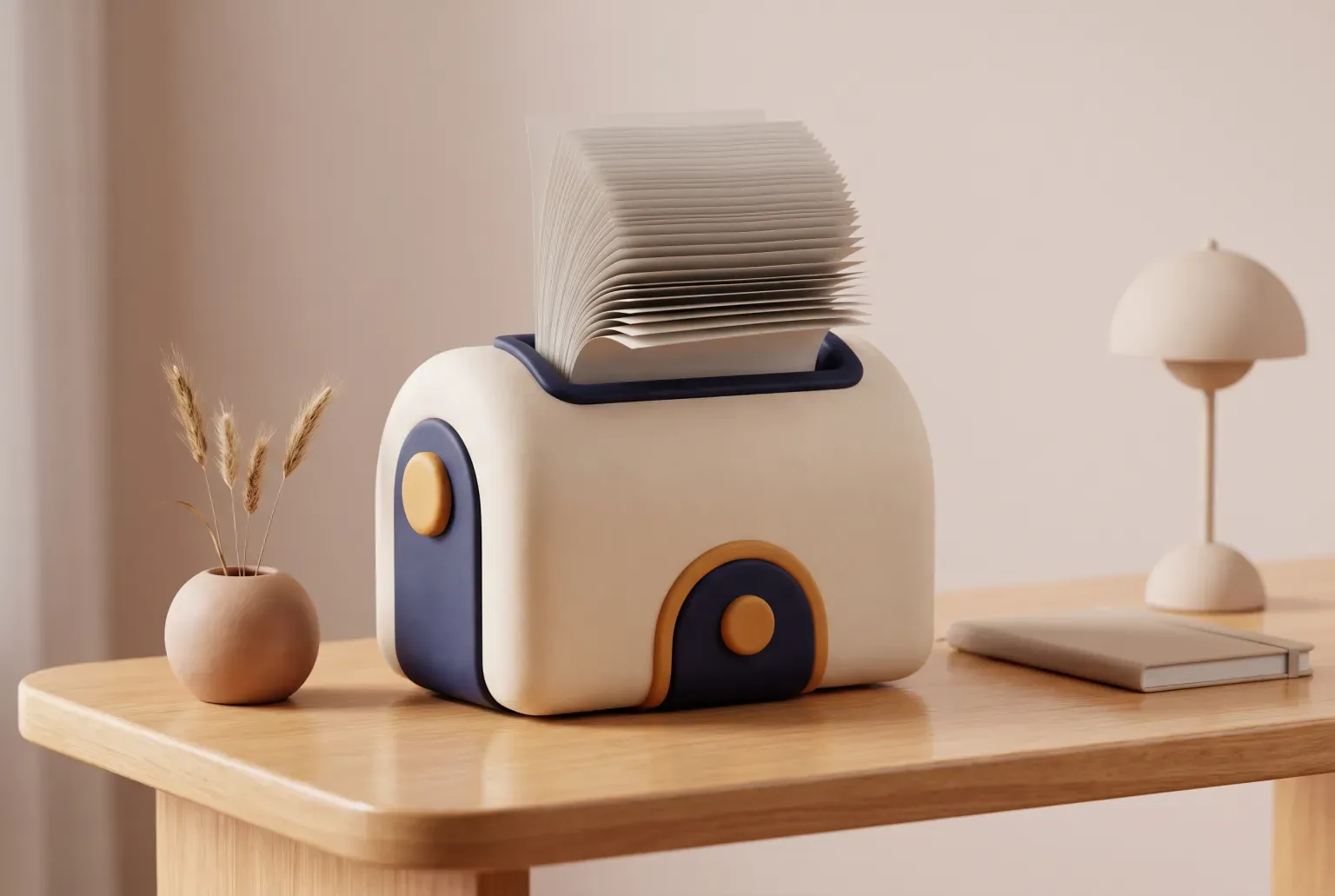 Illustration: a rounded cream and navy desktop shredder with a stack of paper sheets feeding into its top slot, on a wooden desk beside a small lamp, drawn as a soft 3D render. Not a real product.