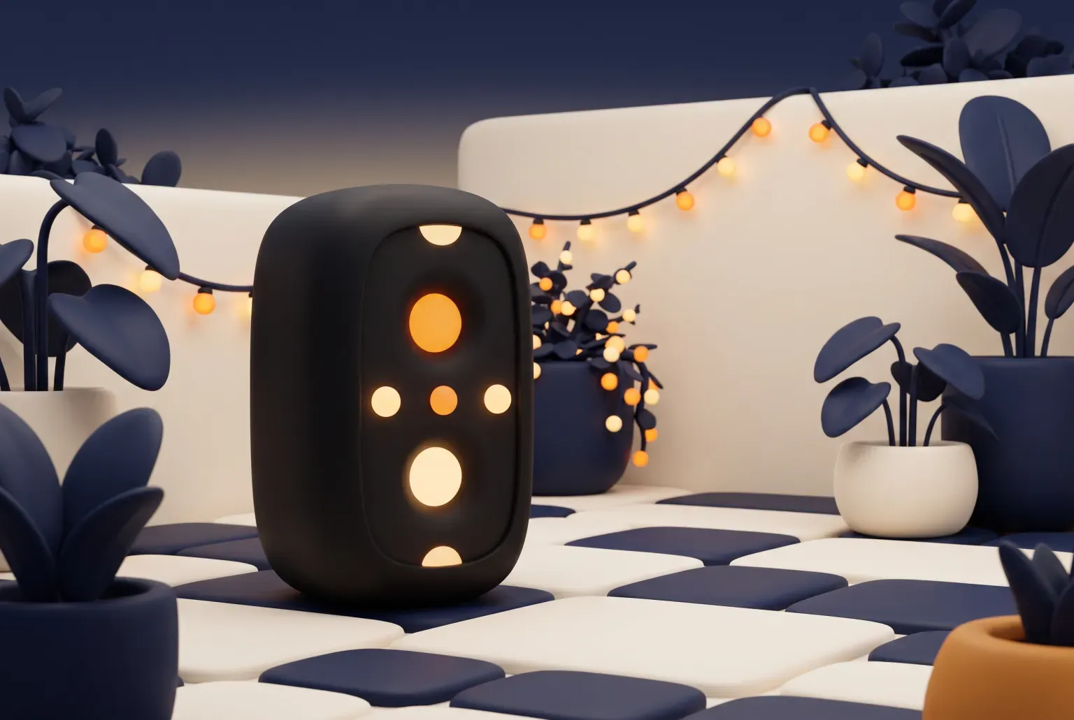 Illustration: a large rounded black party speaker glowing with round amber lights on a patio at dusk, surrounded by navy potted plants and strung lights, drawn as a soft 3D render. Not a real product.