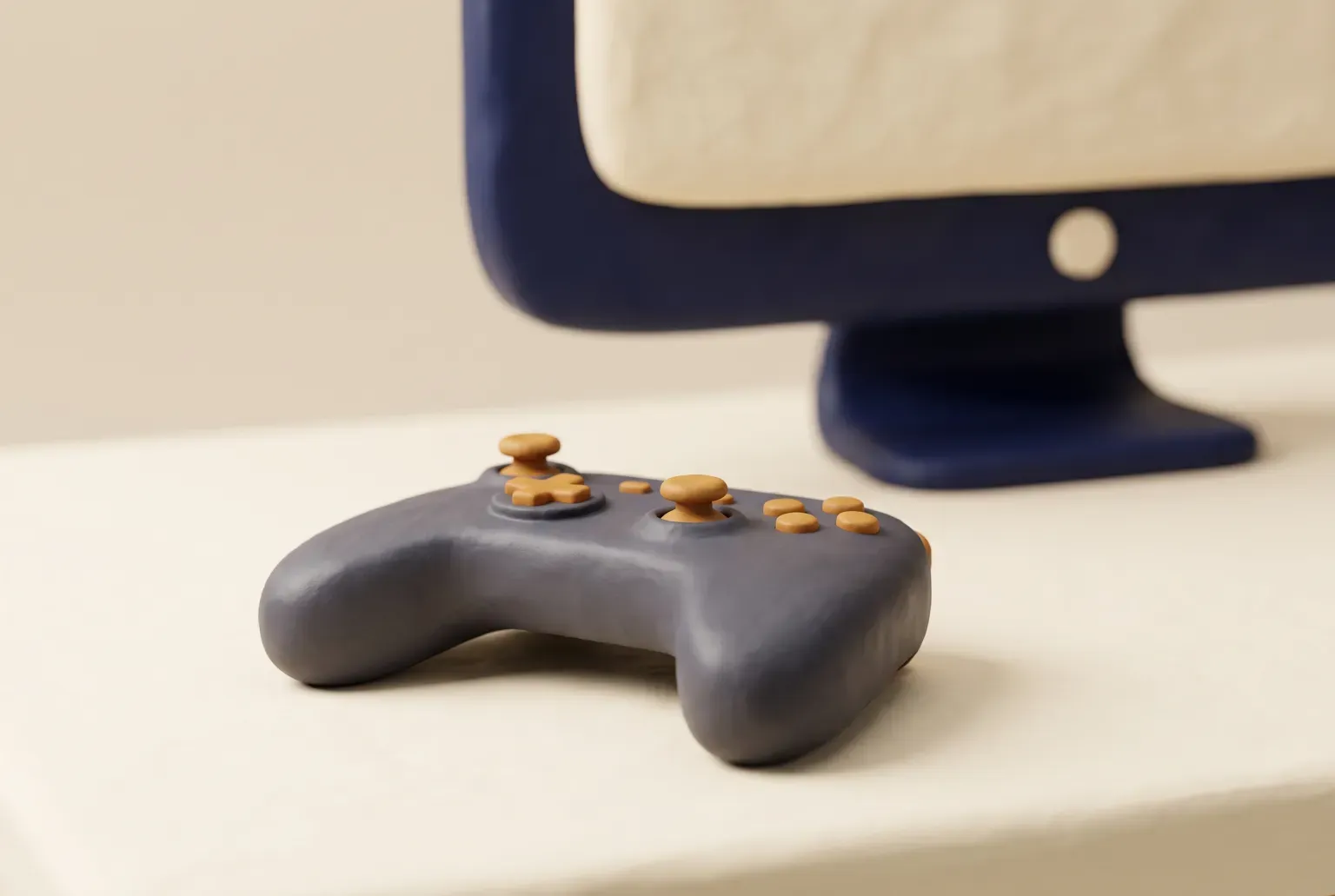 Illustration: a plain game controller on a desk in front of a computer monitor, drawn as a soft 3D render. Not a real product.