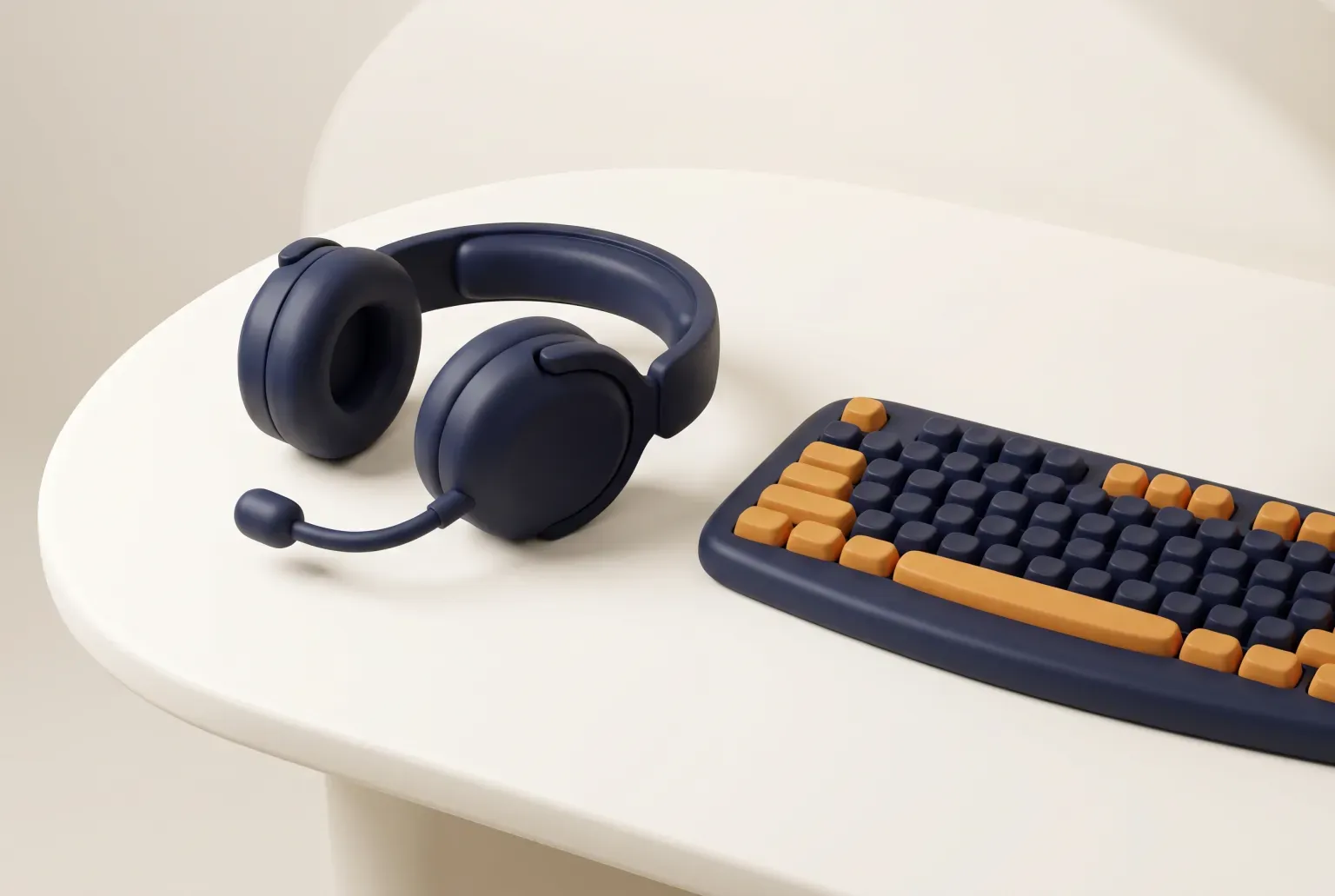 Illustration: a plain over-ear gaming headset with a boom microphone on a desk beside a keyboard, drawn as a soft 3D render. Not a real product.