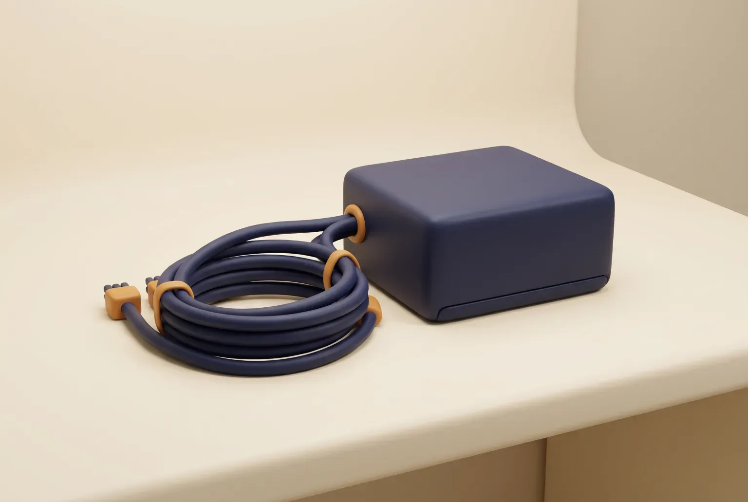 Illustration: a plain navy rectangular computer power supply box with a coil of unmarked cables beside it on a cream desk, drawn as a soft 3D render. Not a real product.