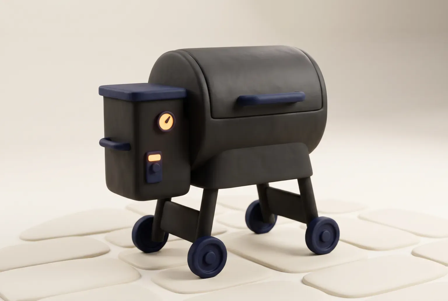 Illustration: a black wood pellet grill with a side hopper and a domed lid on rolling wheels, standing on pale stone paving, drawn as a soft 3D render. Not a real product.