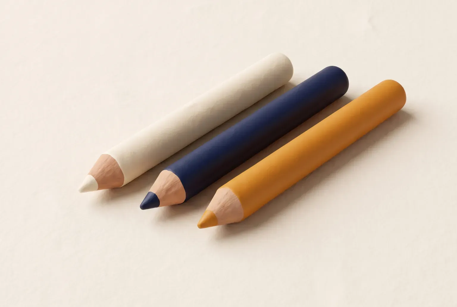 Illustration: three chunky pencils in cream, navy and amber lying side by side on a soft cream surface, seen from a slight overhead angle, drawn as a soft 3D render. Not a real product.