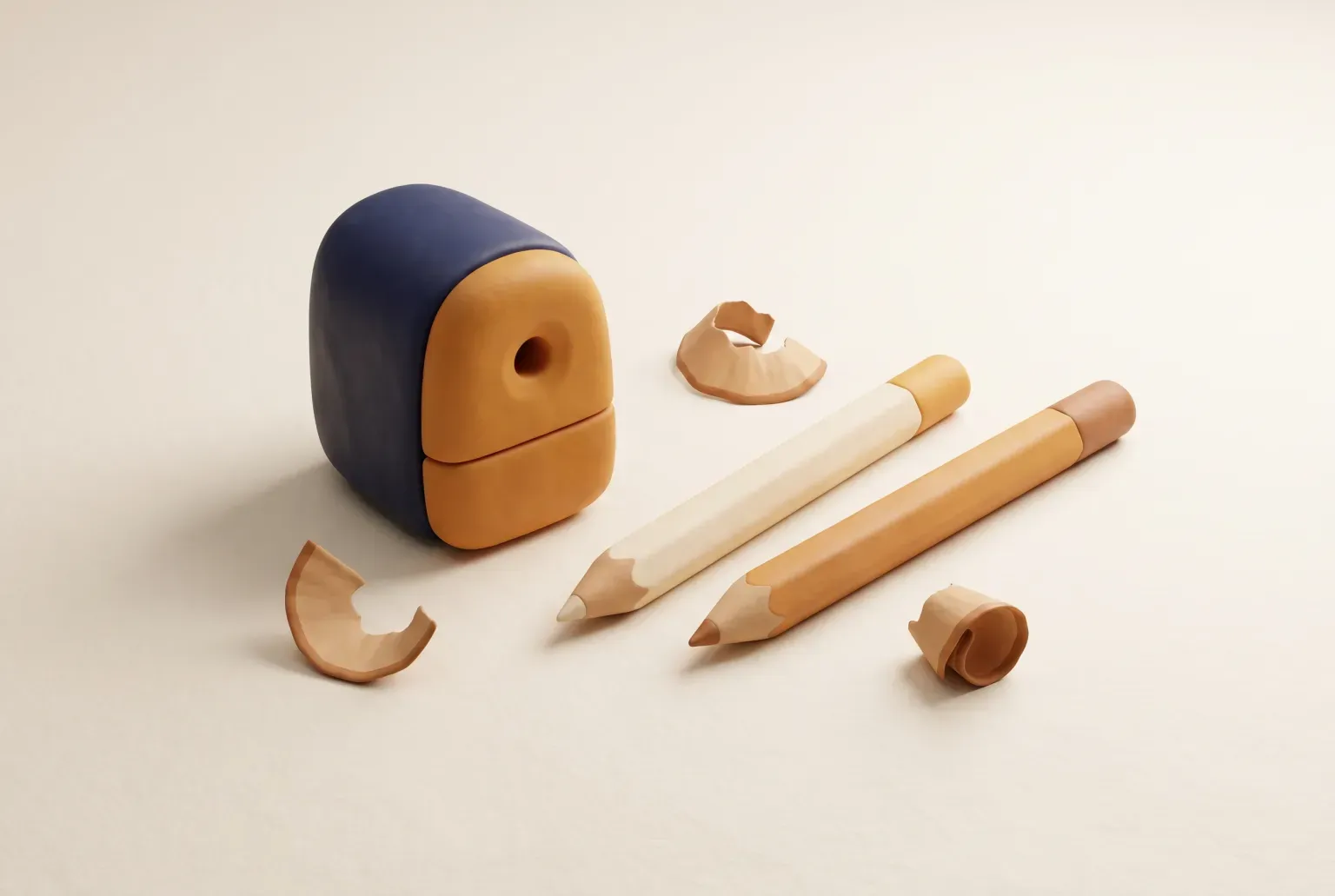 Illustration: a navy and amber pencil sharpener beside two sharpened wooden pencils and curled wood shavings on a tidy desk, drawn as a soft 3D render. Not a real product.