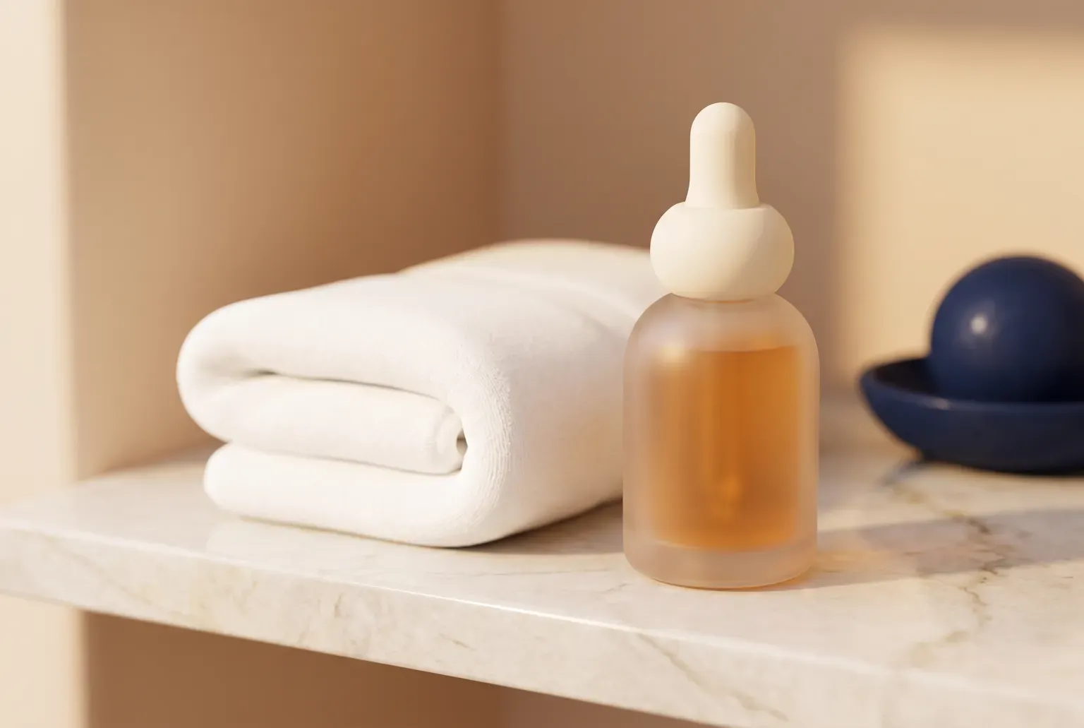 Illustration: a plain frosted glass dropper bottle with a cream cap beside a small folded towel on a pale marble shelf, soft amber light, drawn as a soft 3D render. Not a real product.