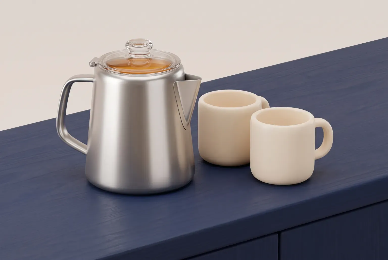 Illustration: a polished stainless steel stovetop percolator with a glass knob lid beside two cream mugs on a navy counter, drawn as a soft 3D render. Not a real product.