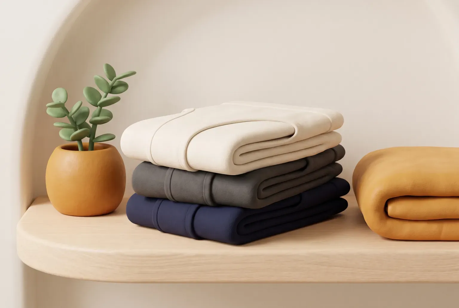 Illustration: a stack of folded cream, grey and navy soft cotton garments on a pale wooden shelf beside a small green plant and an orange folded cloth, drawn as a soft 3D render. Not a real product.
