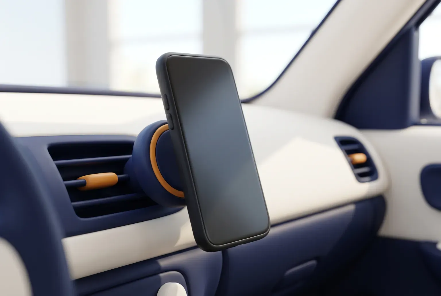 Illustration: a plain black smartphone with a blank screen held by a simple round magnetic mount on a car air vent, drawn as a soft 3D render. Not a real product.