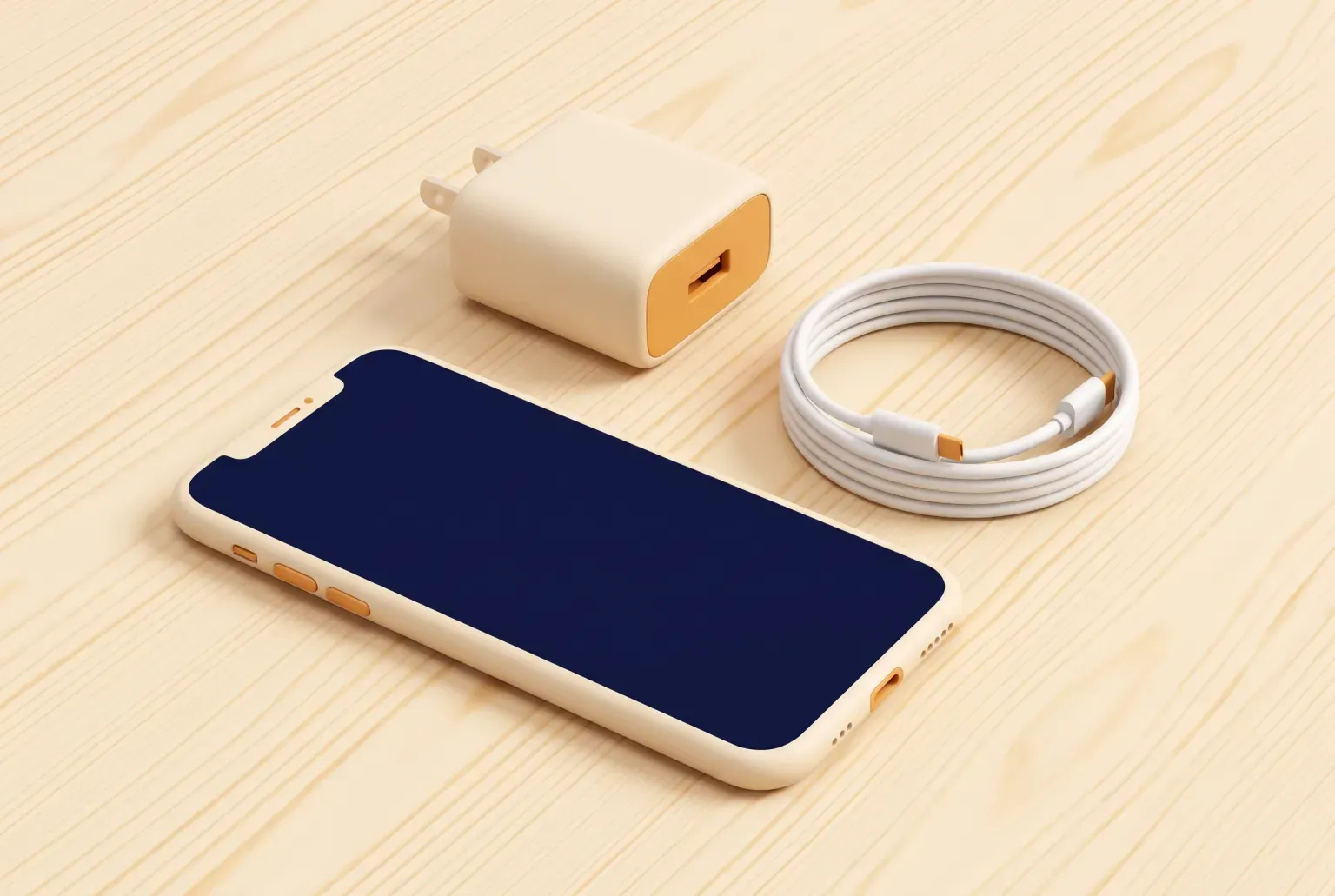 Illustration: a cream USB wall charger block, a coiled white charging cable and a phone lying flat on a light wooden desk, drawn as a soft 3D render. Not a real product.