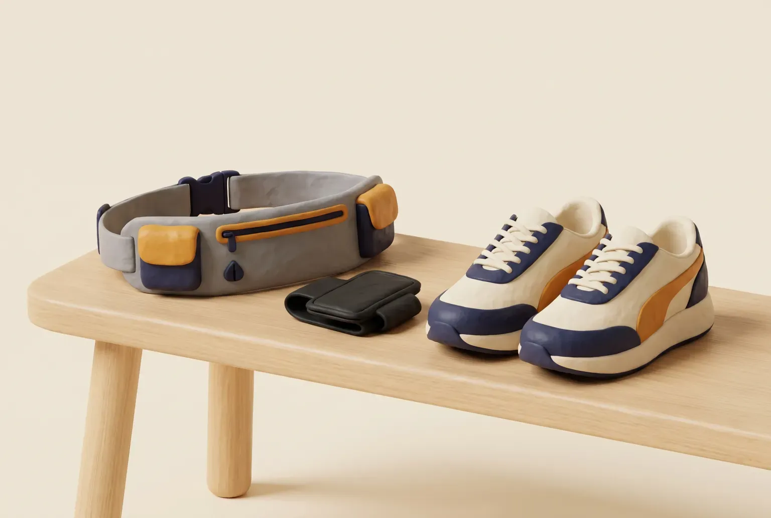 Illustration: a gray running belt with small pockets, a folded black armband and a pair of sneakers on a pale wooden bench, drawn as a soft 3D render. Not a real product.