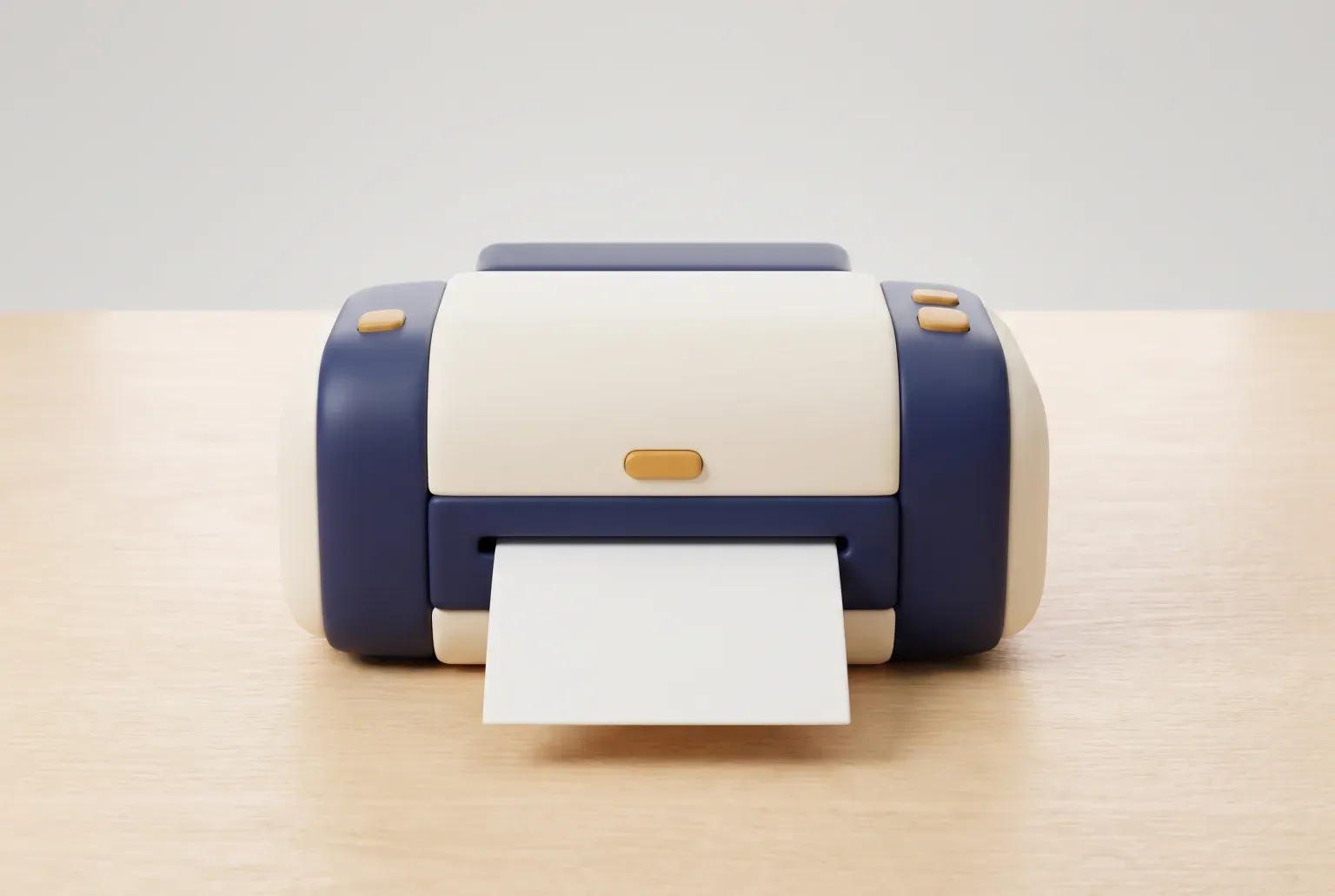 Illustration: a compact cream and navy desktop printer with a blank white sheet sliding out of its front slot on a light wooden desk, drawn as a soft 3D render. Not a real product.