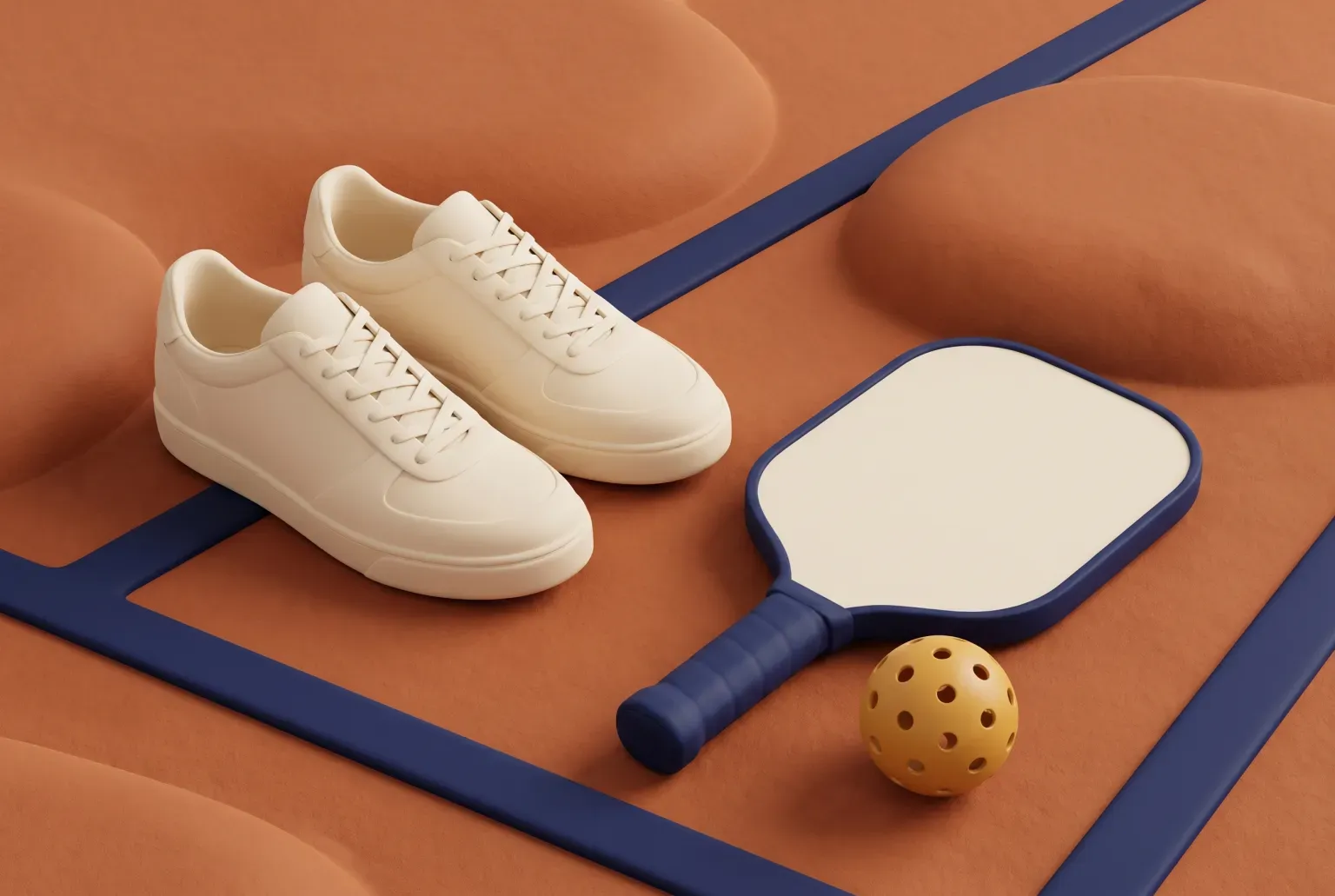 Illustration: a pair of plain white court sneakers beside a pickleball paddle and ball on a court, drawn as a soft 3D render. Not a real product.
