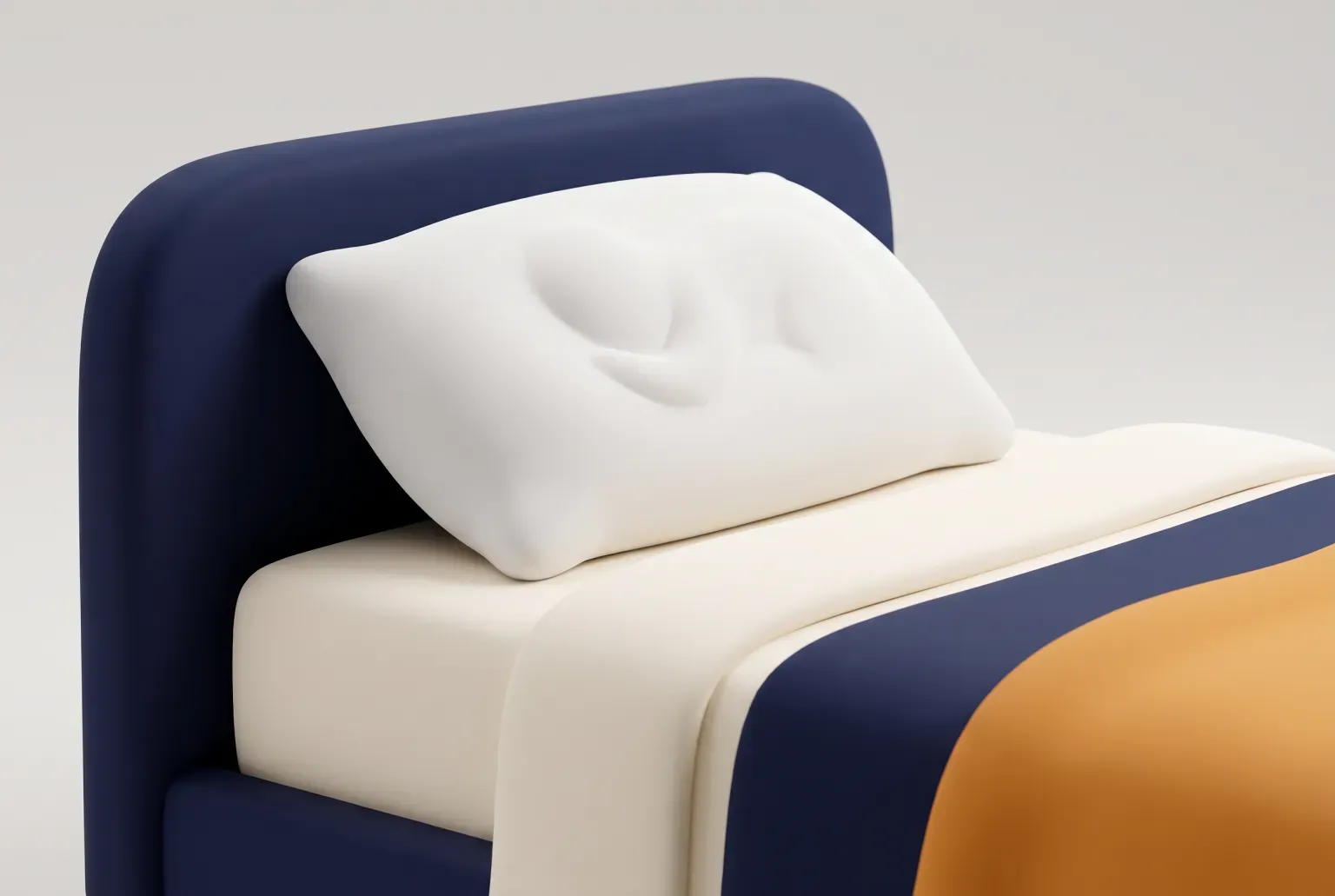 Illustration: a plain white pillow on a made bed, drawn as a soft 3D render. Not a real product.
