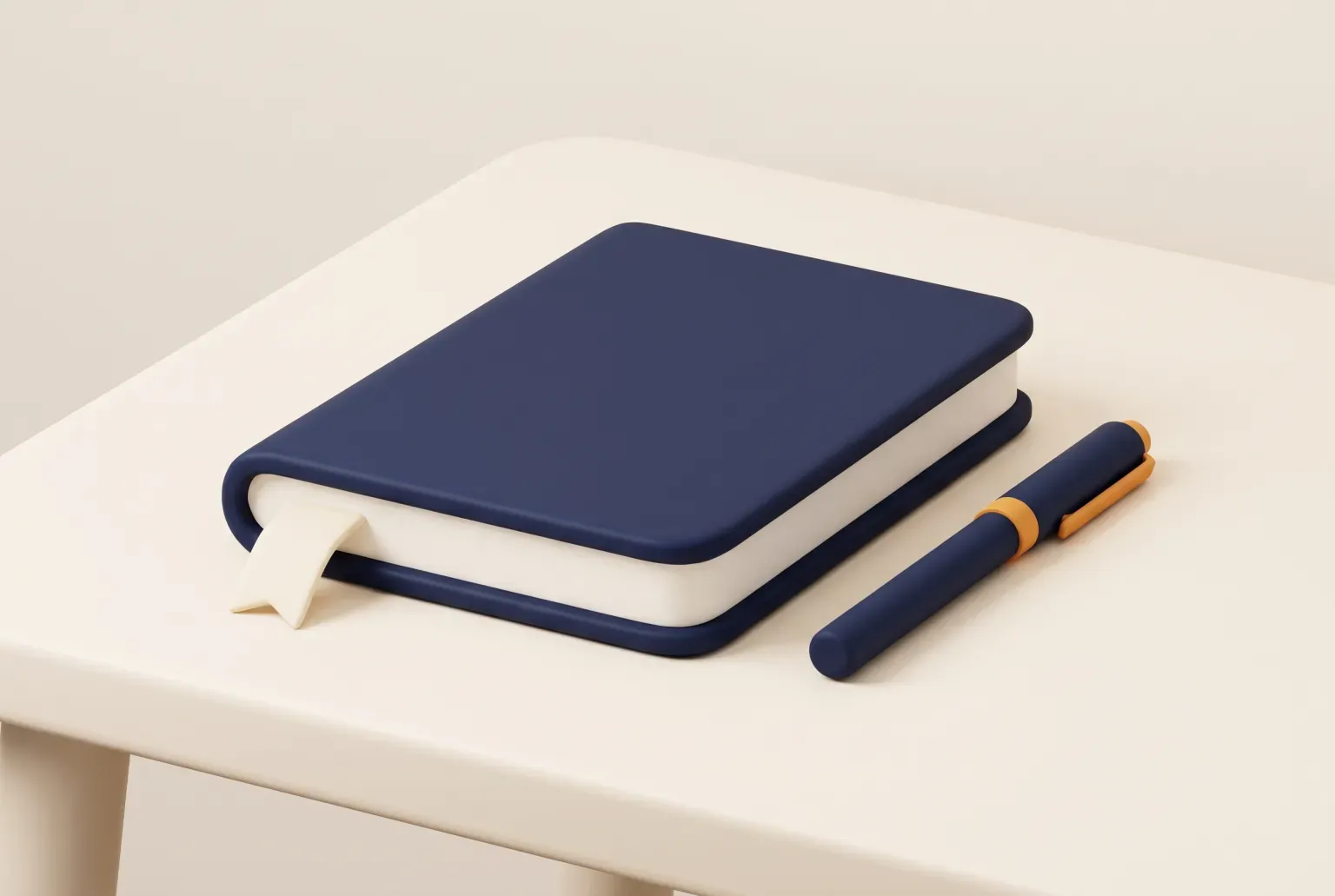 Illustration: a closed hardcover planner in navy with a cream ribbon bookmark and a pen beside it on a clean desk, drawn as a soft 3D render. Not a real product.