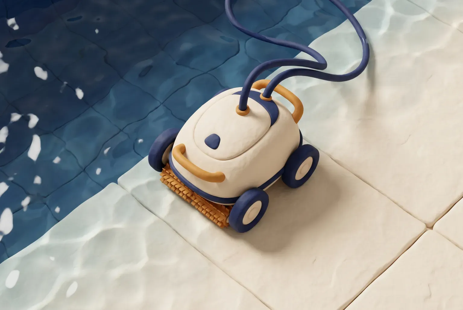 Illustration: a small automatic pool cleaner resting at the edge of a clear blue in-ground swimming pool, drawn as a soft 3D render. Not a real product.