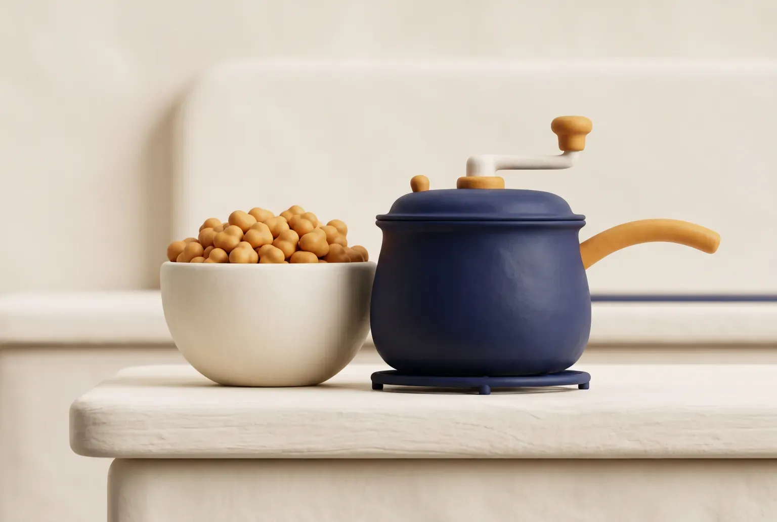 Illustration: a bowl of popcorn beside a navy stovetop pot with a hand crank on a cream counter, drawn as a soft 3D render. Not a real product.