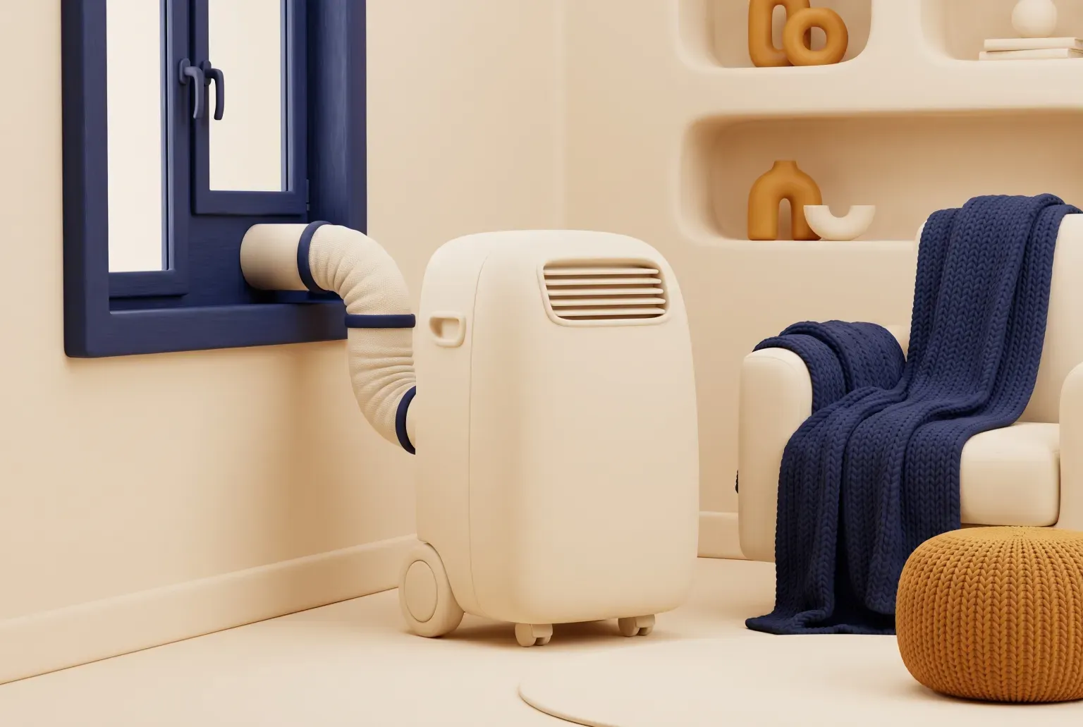 Illustration: a single cream portable air conditioner on small wheels in the corner of a cozy living room, a ribbed hose running to a window with a navy frame, drawn as a soft 3D render. Not a real product.