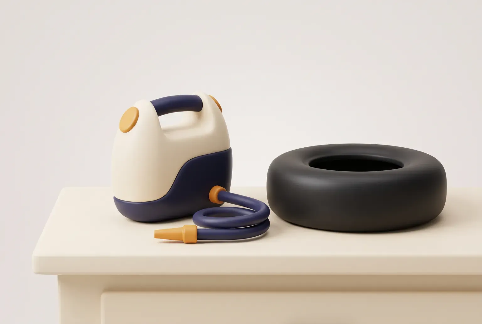 Illustration: a compact cream and navy handheld air pump with a short coiled hose on a pale table beside a plain black tire, drawn as a soft 3D render. Not a real product.