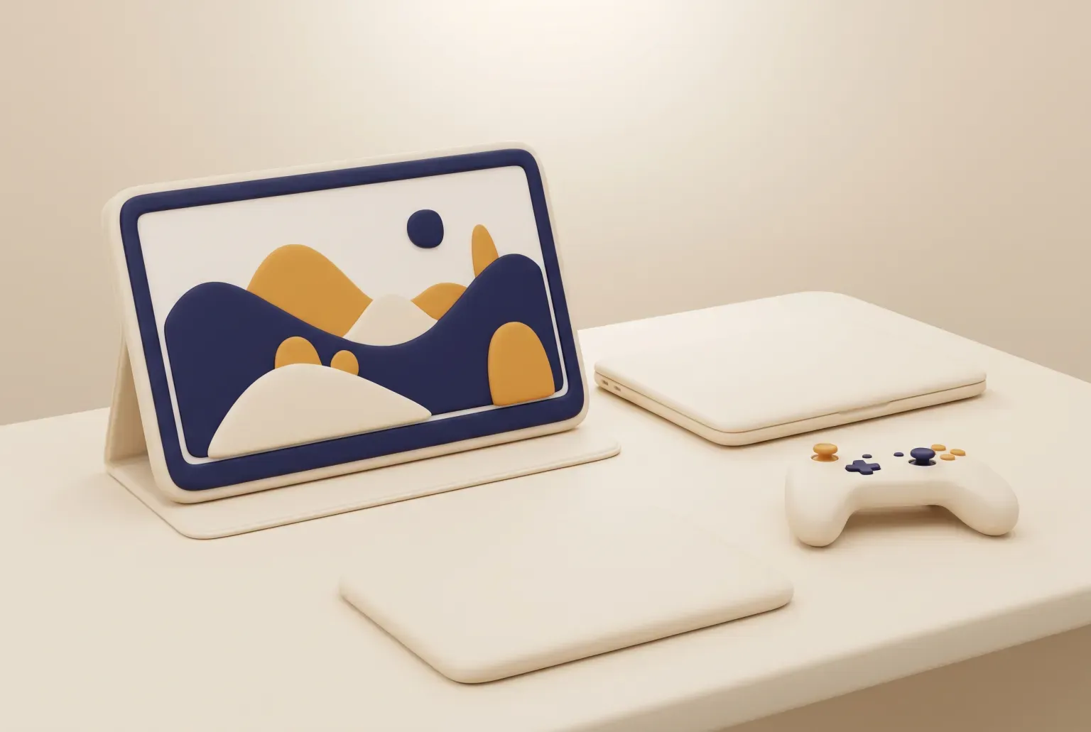 Illustration: a slim portable monitor standing on a cream desk beside a closed laptop and a plain game controller, its screen showing an abstract navy and orange landscape, drawn as a soft 3D render. Not a real product.