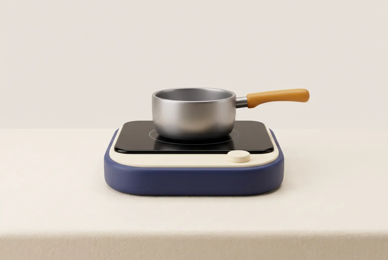 Illustration: a single induction burner with a black glass top and a navy and cream body, a small steel saucepan with an amber handle resting on it, drawn as a soft 3D render. Not a real product.