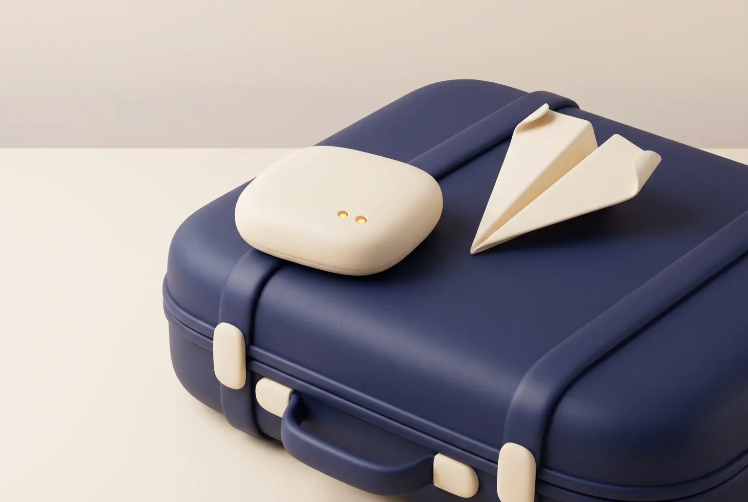 Illustration: a small cream pocket-size hotspot gadget with two glowing lights resting on a navy travel suitcase beside a paper airplane, drawn as a soft 3D render. Not a real product.