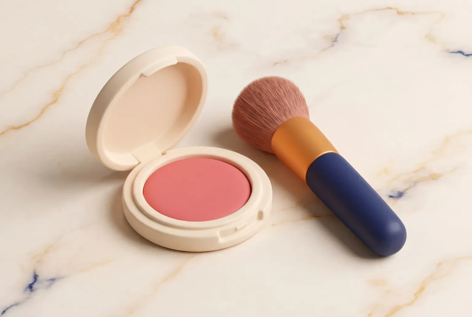 Illustration: an open round blush compact with soft pink pressed powder beside a fluffy brush with a navy handle on cream marble, drawn as a soft 3D render. Not a real product.