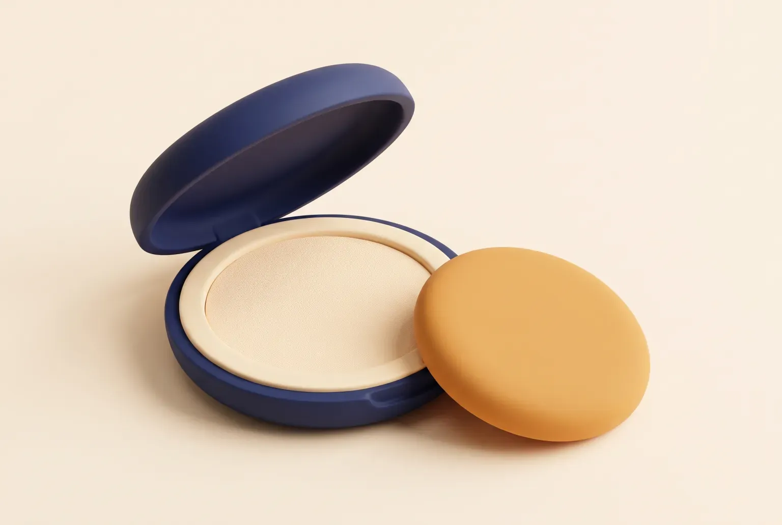 Illustration: an open round navy compact with a cream pressed powder cake inside and a soft round amber makeup sponge resting beside it on a pale cream surface, drawn as a soft 3D render. Not a real product.