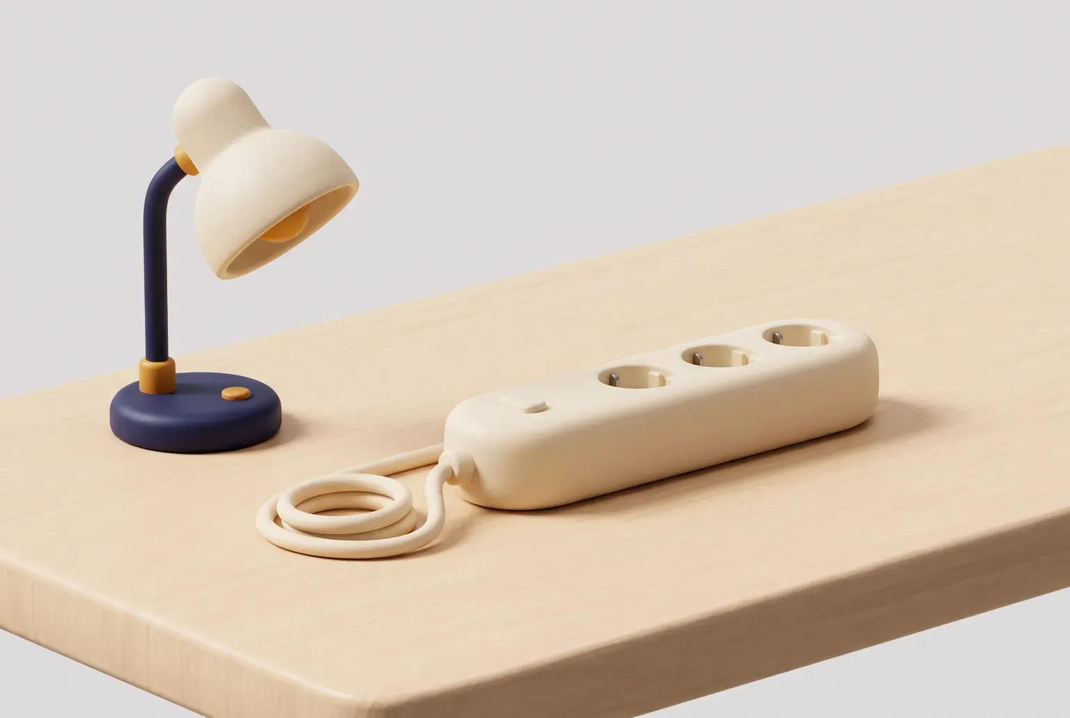 Illustration: a cream-colored multi-outlet power strip with a coiled cord on a pale wooden desk beside a small navy desk lamp, drawn as a soft 3D render. Not a real product.
