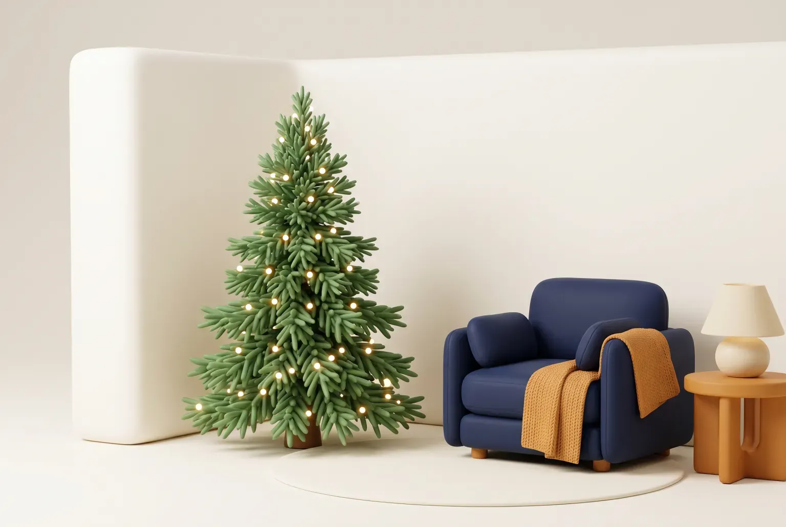 Illustration: a plain green artificial Christmas tree with warm white lights in the corner of a simple living room, drawn as a soft 3D render. Not a real product.