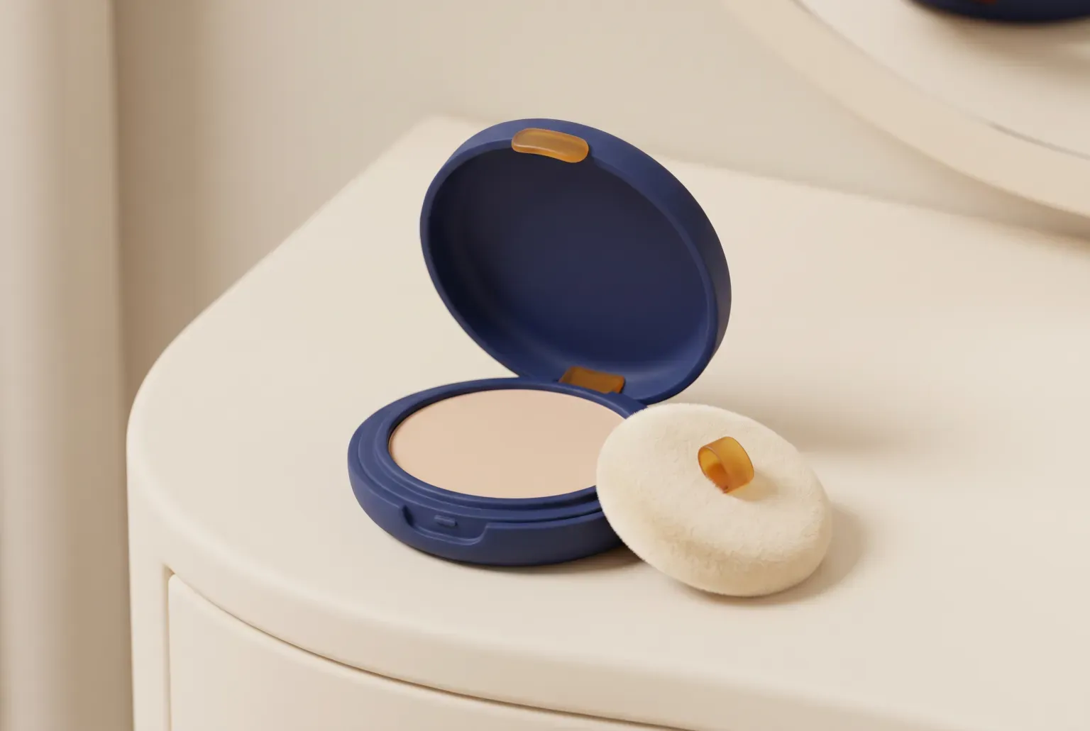 Illustration: an open round pressed powder compact with a pale beige powder cake and a soft round puff beside it on a pale vanity, drawn as a soft 3D render. Not a real product.