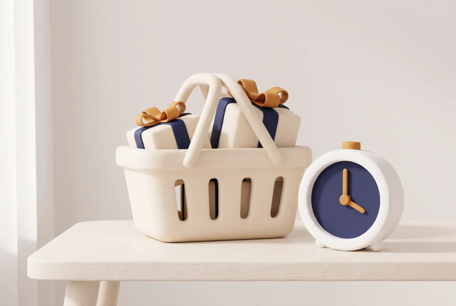 Illustration: a cream shopping basket holding two wrapped gift boxes with navy ribbons beside a round white alarm clock, on a pale table. Not a real product.