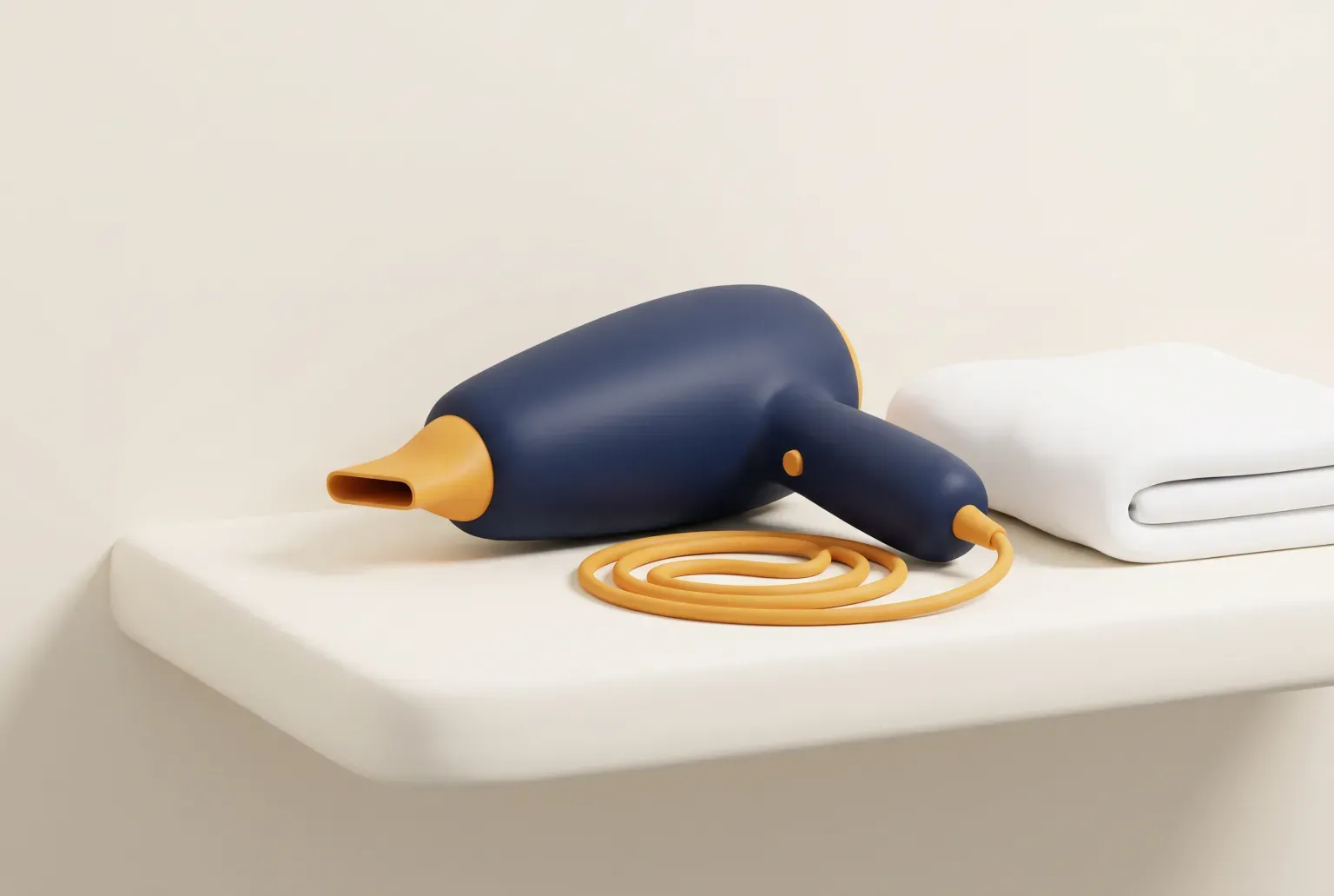 Illustration: a single black handheld hair dryer with a slim nozzle resting on a pale shelf beside a folded white towel, drawn as a soft 3D render. Not a real product.