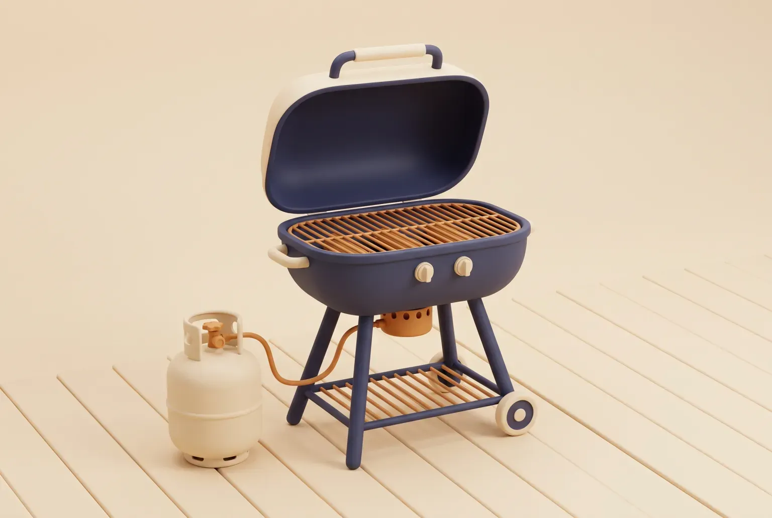 Illustration: a black gas grill with its lid open and a small propane tank beside it on a wooden patio deck, drawn as a soft 3D render. Not a real product.
