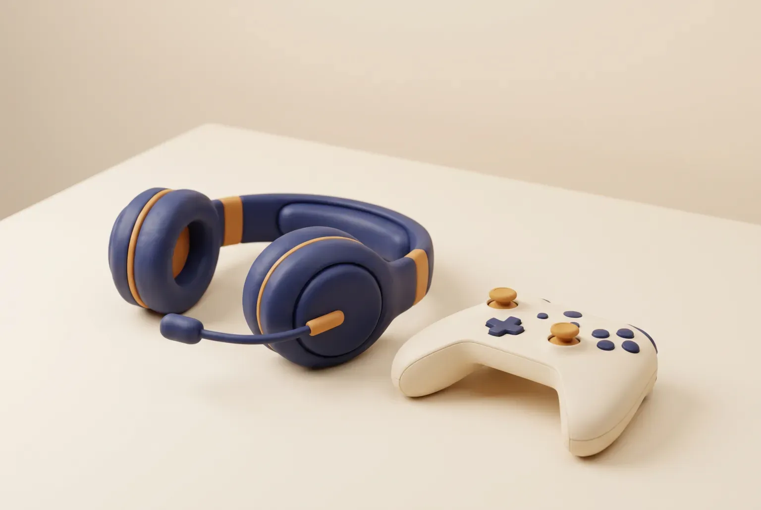 Illustration: a navy and amber over-ear gaming headset with a boom microphone resting on a cream desk beside a wireless game controller, drawn as a soft 3D render. Not a real product.