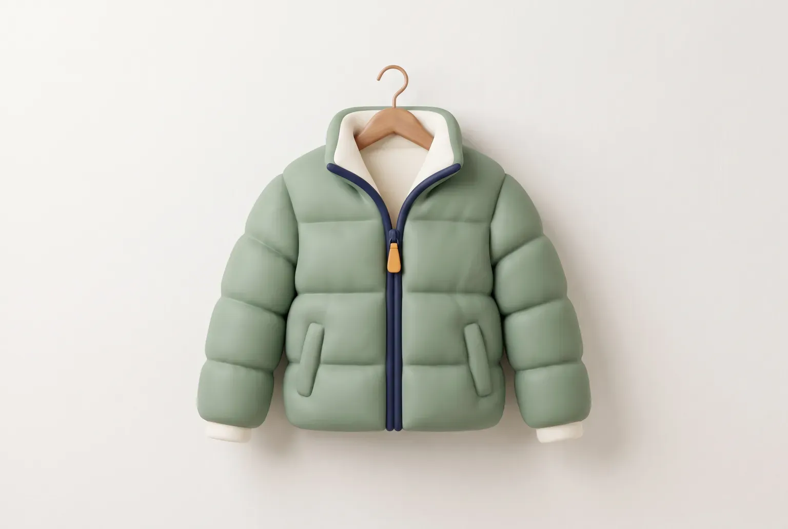 Illustration: a quilted sage green puffer jacket with a navy zip hanging on a wooden hanger against a pale wall, drawn as a soft 3D render. Not a real product.
