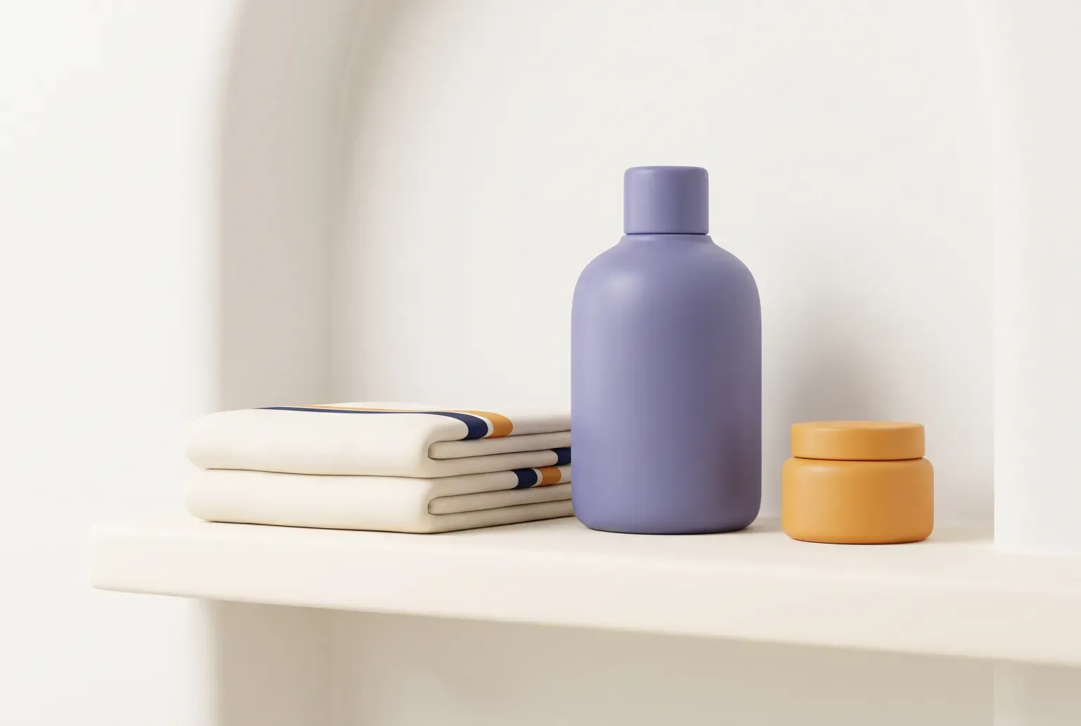 Illustration: a plain violet bottle beside folded cream towels and a small amber jar on a white bathroom shelf, drawn as a soft 3D render. Not a real product.
