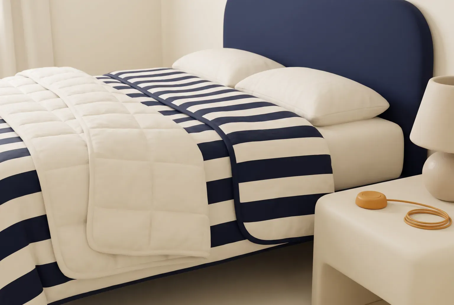 Illustration: a quilted cream and navy striped blanket folded over the end of a queen bed with a navy headboard, and a round amber hand control on the bedside table, drawn as a soft 3D render. Not a real product.