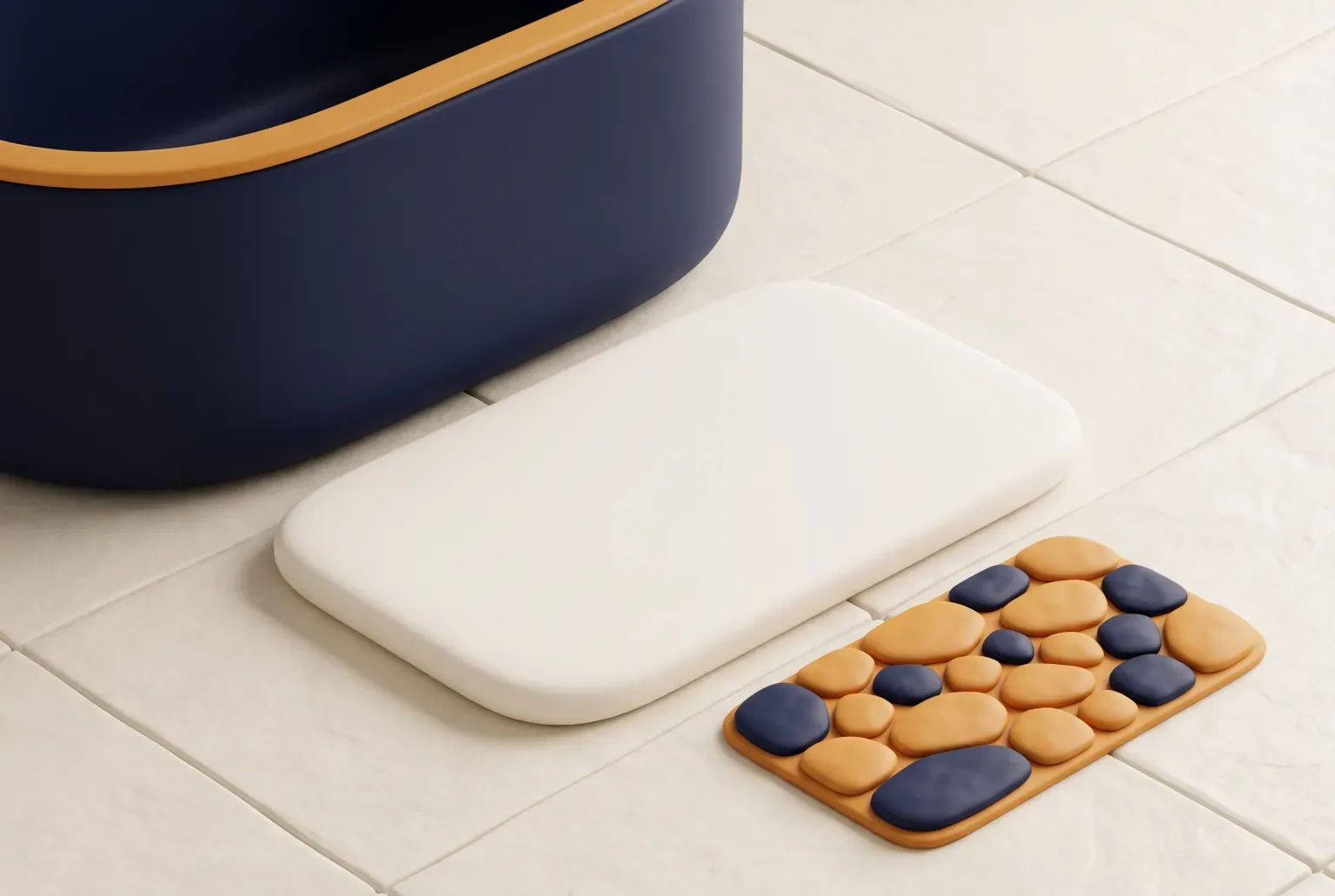 Illustration: a rounded white stone bath mat and a smaller amber and navy pebble-pattern mat on a cream tiled floor beside a navy bathtub, drawn as a soft 3D render. Not a real product.