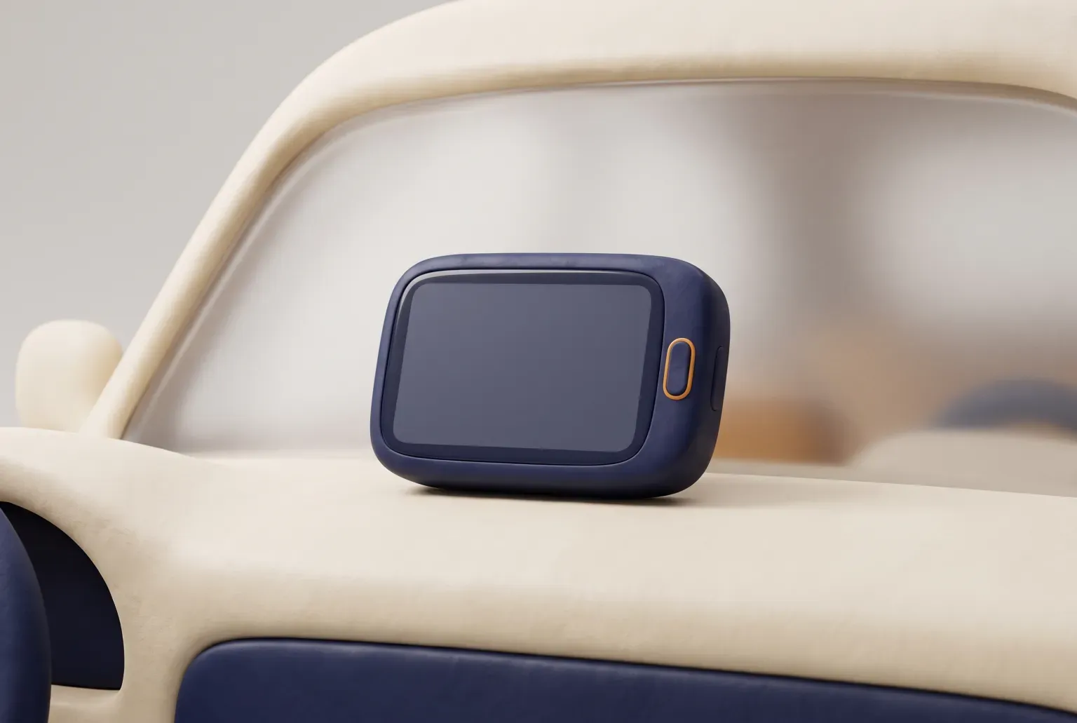 Illustration: a small navy dashboard gadget with a blank screen resting on a cream dashboard below the windshield, drawn as a soft 3D render. Not a real product.