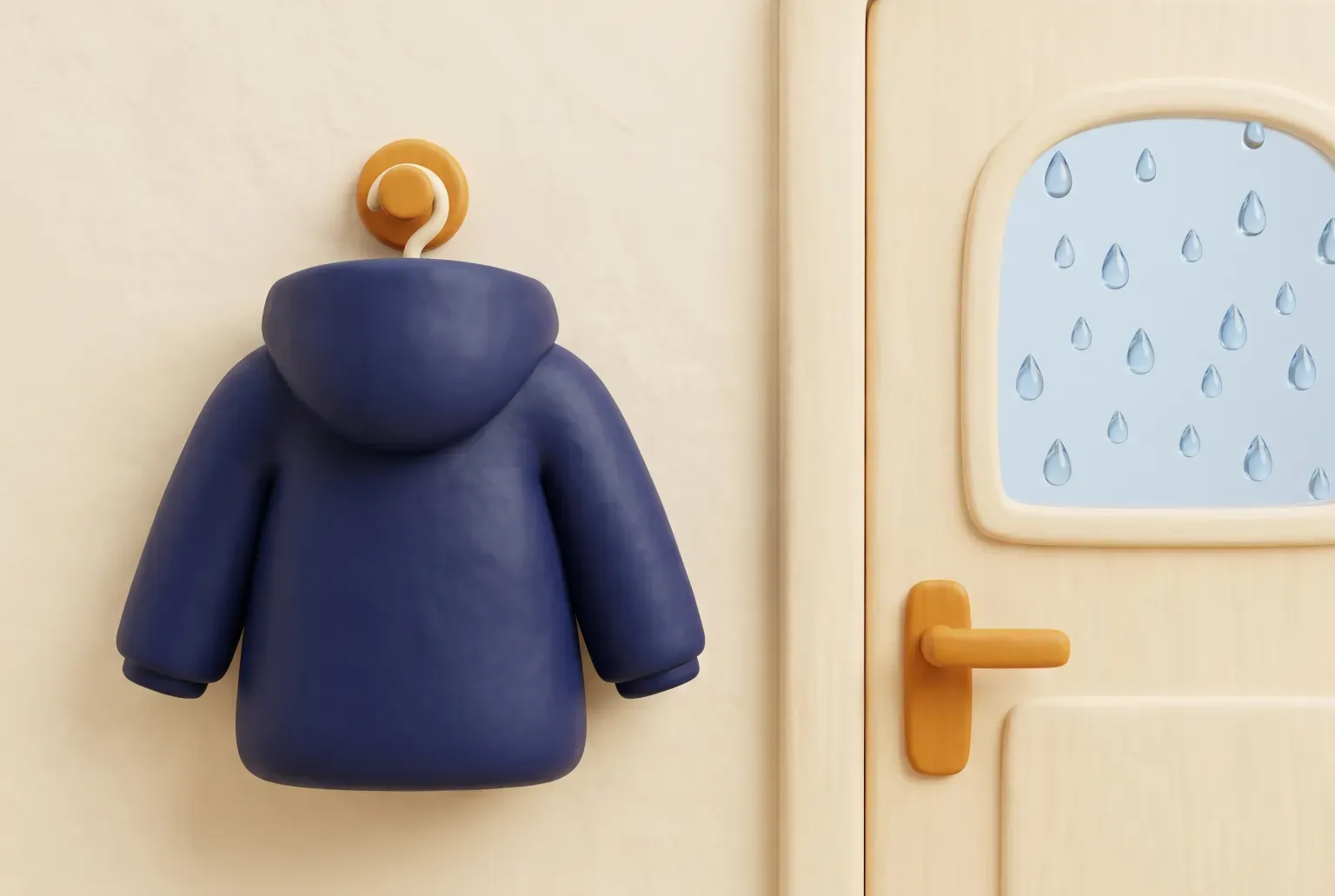 Illustration: a plain navy hooded rain jacket hanging on a wooden wall hook beside a cream front door with raindrops on its window, drawn as a soft 3D render. Not a real product.