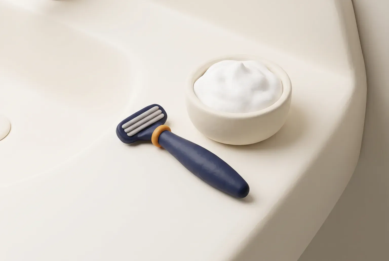 Illustration: a plain navy manual razor resting on the edge of a white bathroom sink beside a small bowl of shaving foam, drawn as a soft 3D render. Not a real product.