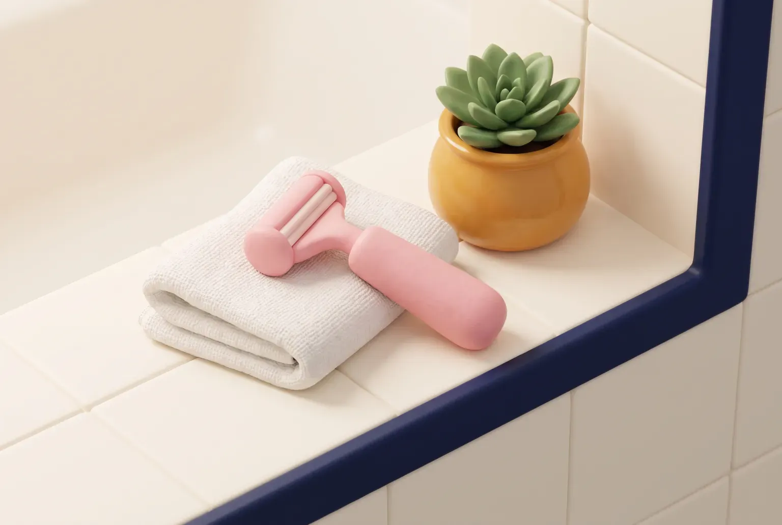 Illustration: a pastel pink razor with a rounded head on a folded white washcloth on a tiled bathroom ledge beside a small green plant, drawn as a soft 3D render. Not a real product.