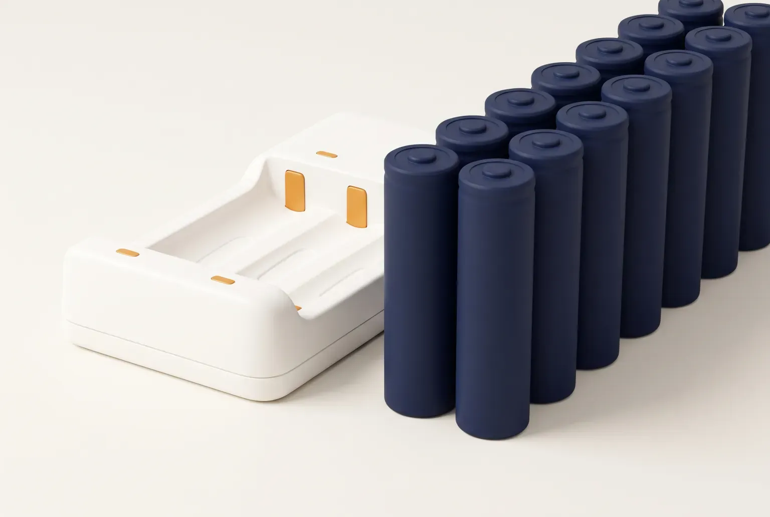 Illustration: a tight row of plain navy cylindrical rechargeable cells standing beside an empty white battery charging tray, drawn as a soft 3D render. Not a real product.