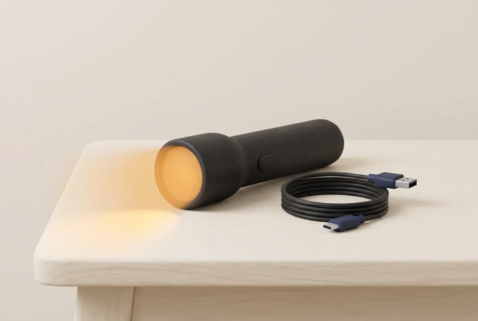 Illustration: a plain black handheld flashlight glowing softly on a light wooden table beside a coiled USB charging cable, drawn as a soft 3D render. Not a real product.