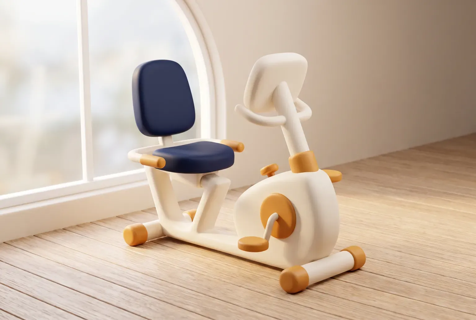 Illustration: a recumbent exercise bike with a wide padded seat and backrest on a wooden floor beside a window, drawn as a soft 3D render. Not a real product.