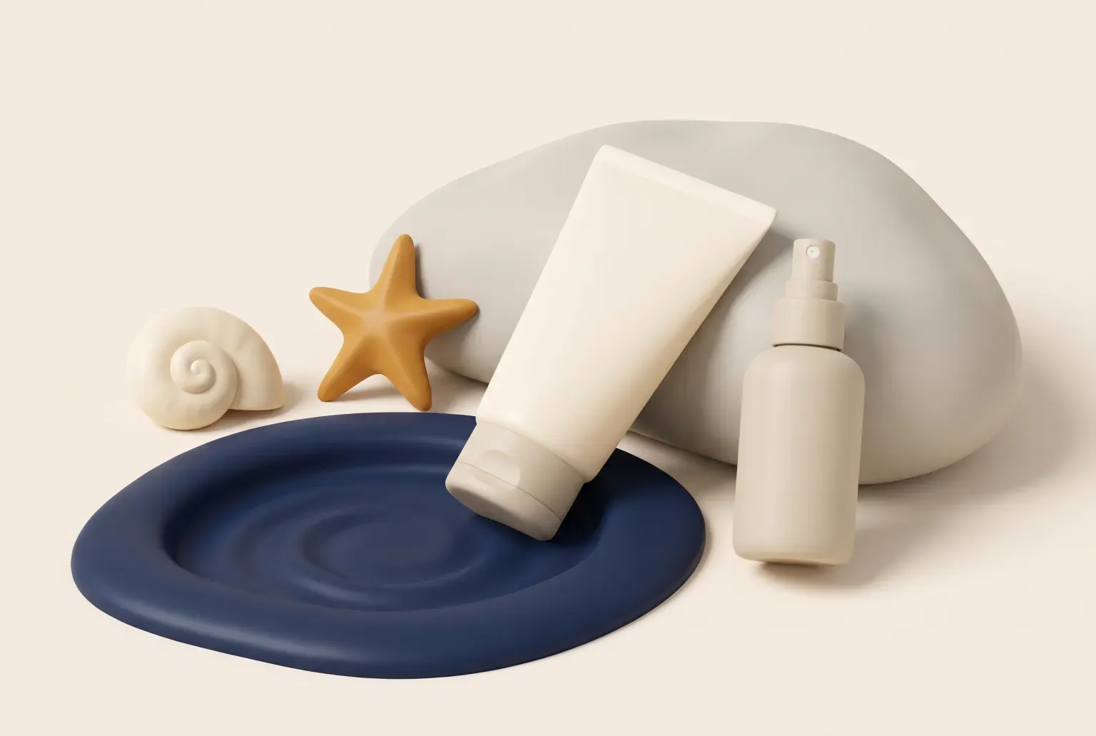 Illustration: a plain cream tube and a small spray bottle on a rock beside a tide pool with a shell and a starfish, drawn as a soft 3D render. Not a real product.